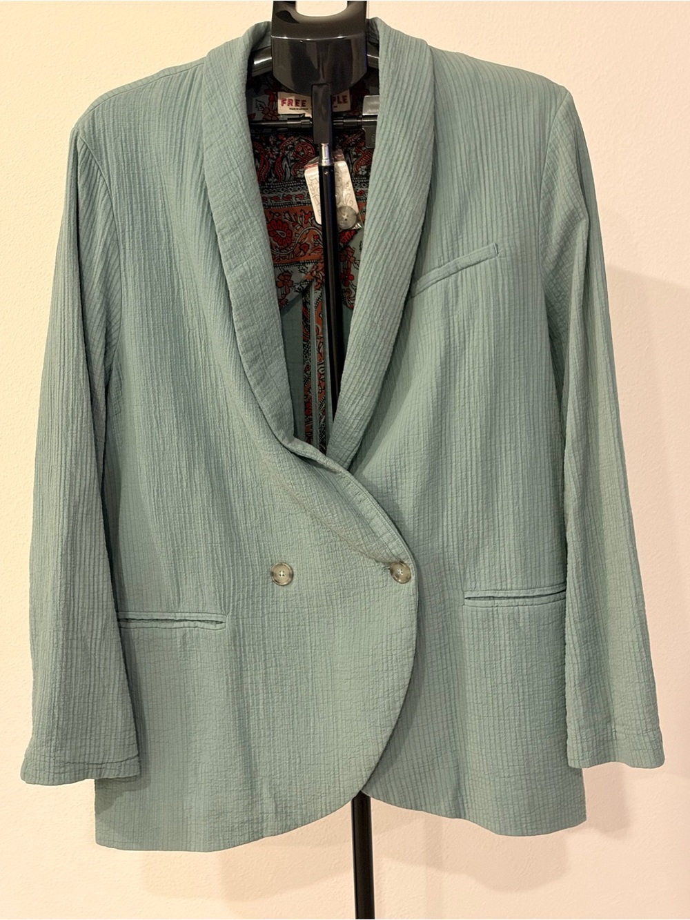 Free People Seafoam Green Textured Double-Breasted Blazer